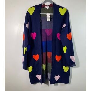 Crown & Ivy Navy Cardigan with Colorful Hearts